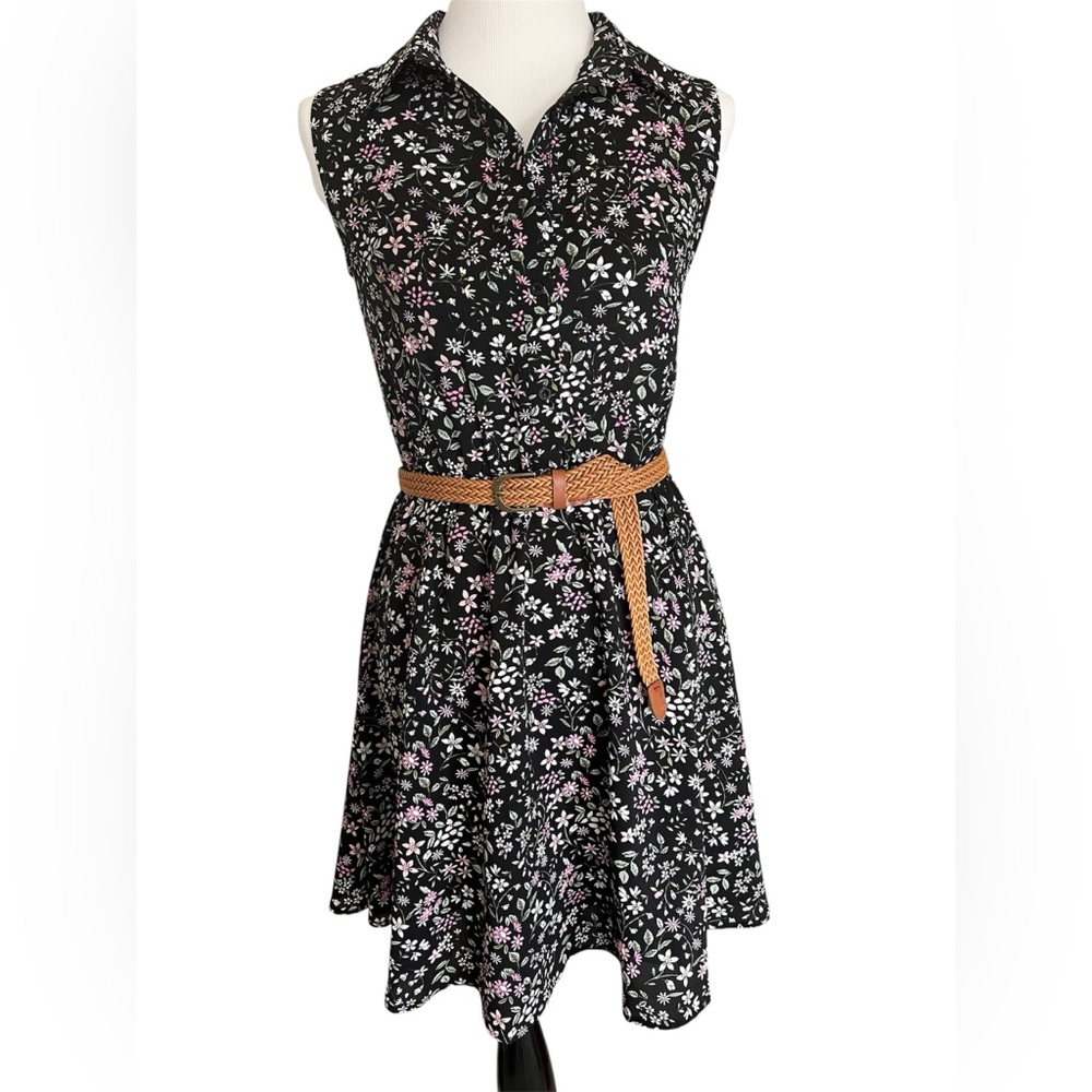 Allegra K Black Floral Sleeveless Shirt Dress And Belt XS